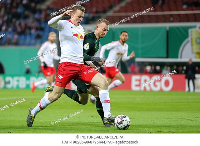 06 February 2019, Saxony, Leipzig: Soccer: DFB Cup, Round of 16, RB Leipzig - VfL Wolfsburg in the Red Bull Arena Leipzig