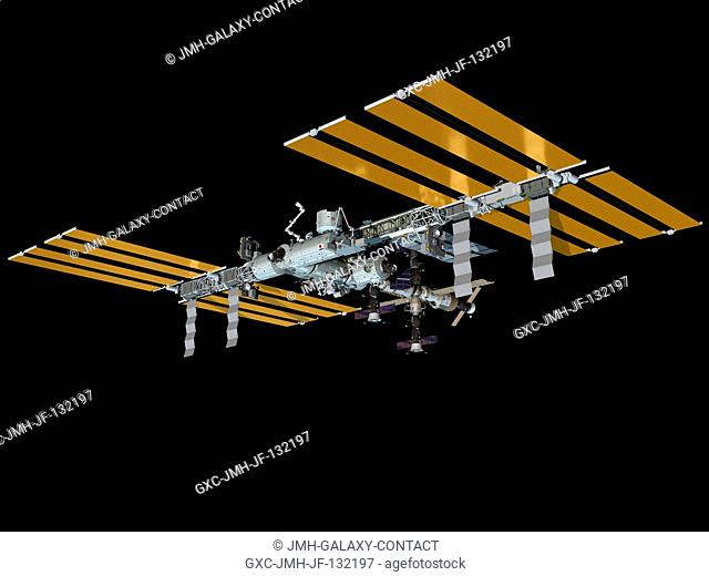 Computer-generated artist's rendering of the International Space Station as of April 4, 2010. Soyuz 22 (TMA-18) docks to the Poisk Mini-Research Module 2 (MRM2)
