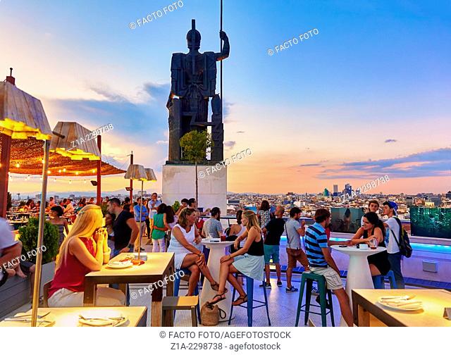 People at the ""Tartan Roof"" restaurant, located at The Circulo de Bellas artes cultural center rooftop terrace. Madrid. Spain