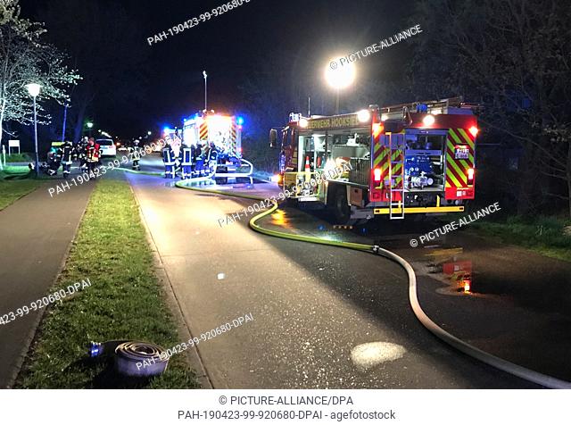 23 April 2019, Lower Saxony, Wangerland: The fire brigade is on duty in the event of a fire in a home for the disabled. Two residents were injured in the fire...