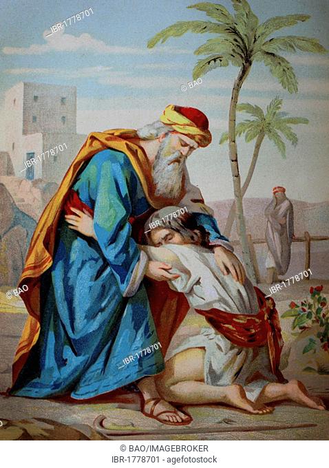 The prodigal son, biblical parable in the Gospel of Luke, chromolithograph from a home bible, 1870
