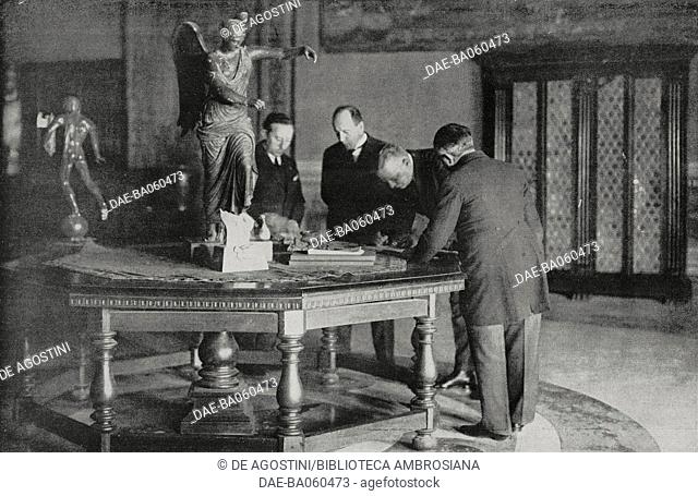 Benito Mussolini and the German ambassador Von Neurath signing the Italo-German arbitration treaty, Rome, Italy, December 29, 1926