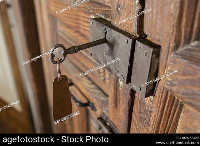 Rural room key lock with hanging tag. Rural tourism concept