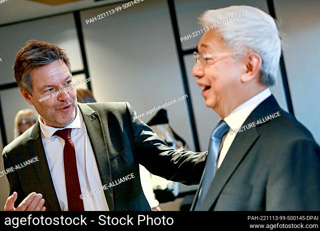 13 November 2022, Singapore, Singapur: Robert Habeck (Bündnis 90/Die Grünen, l), Vice Chancellor and Federal Minister for Economic Affairs and Climate...