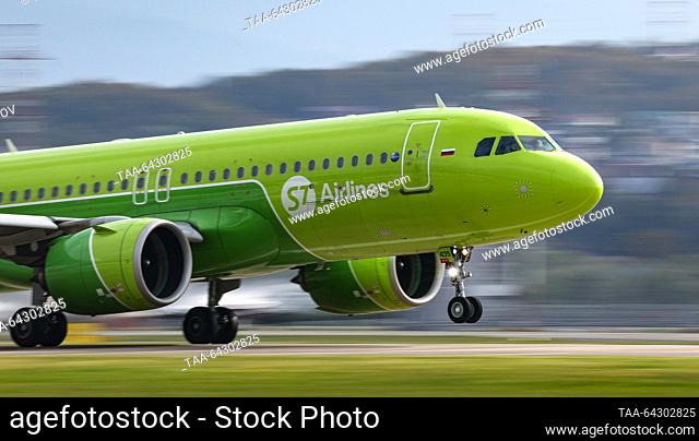 RUSSIA, SOCHI - NOVEMBER 2, 2023: An Airbus A320 plane of S7 Airlines flies over Sochi International Airport named after Soviet cosmonaut Vitaly Sevastyanov...