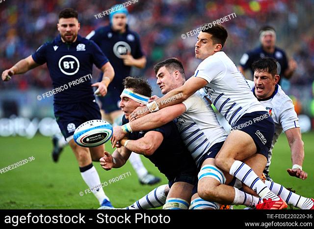 Players Jamie Ritchie (L), Giosue' Zilocchi (C) , Tommaso Allan (R) during the match Italy v Scotland, Rome, ITALY-22-02-2020