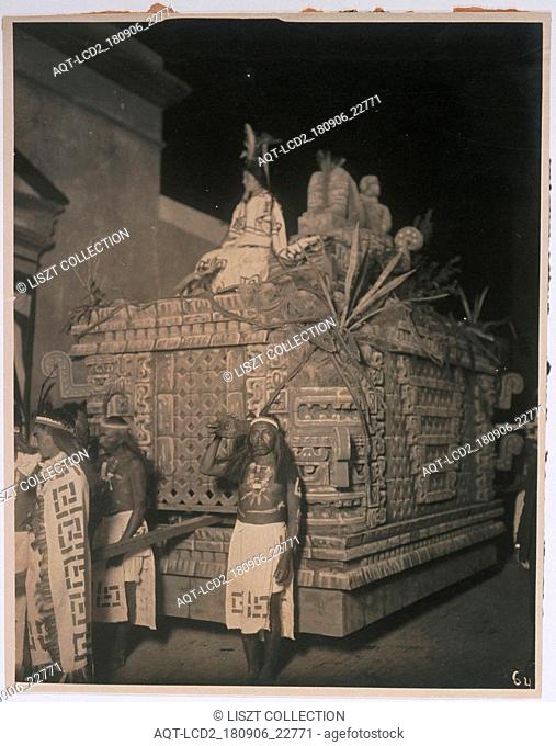 Parade float representing a precolumbian altar with Chac Mool on top, Photographs relating to early 20th century Mexican history, Gomez Rul, F