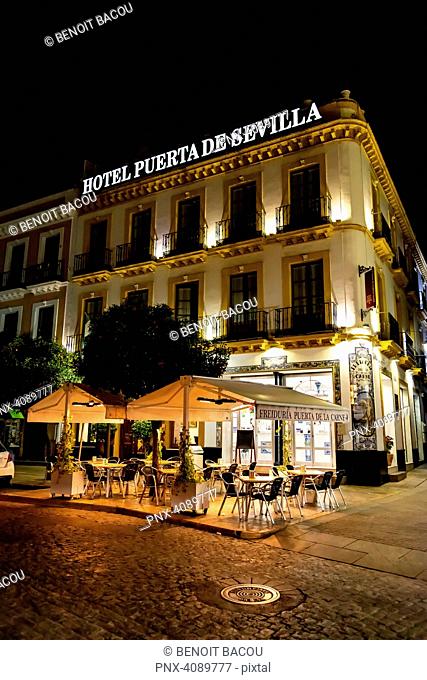 Seville, Spain - January 11, 2017 - Puerta de Sevilla hotel, by night, Seville, Andalusia, Spain