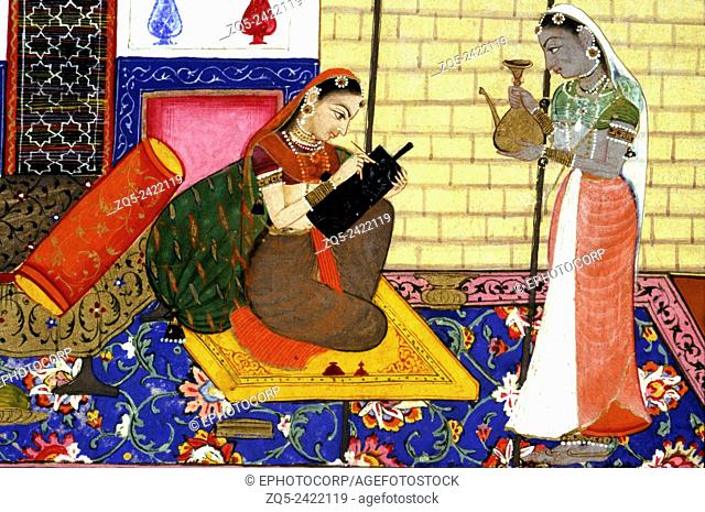 Ragamala painting: Dhanasri This painting depicts a heroine separated from her lover and passing away the hours by painting his portrait