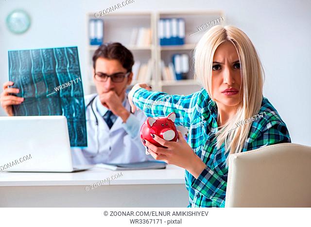 Concept of expensive healthcare with woman visiting male doctor