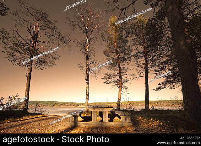 A wooden picnic table with benches is standing near the shore of a forest lake at sunset