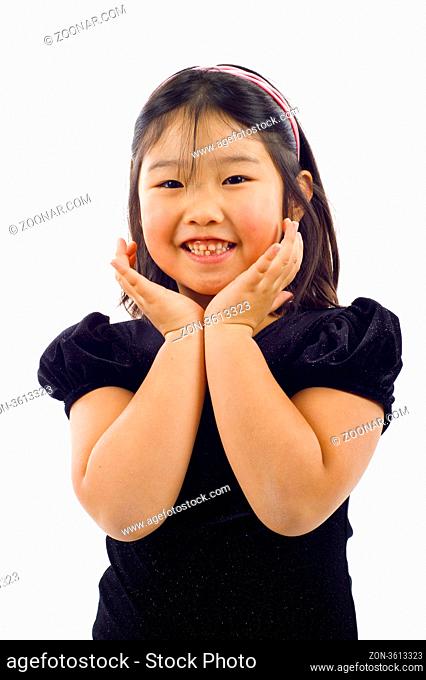 Cute little Asian ballerina girl isolated over white