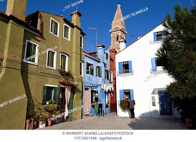 Europe, Italy, Veneto, Burano, classified as World Heritage by UNESCO. The colorful houses of the village of Burano