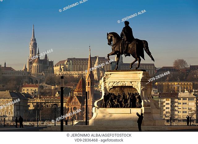 Count Gyula Andrássy statue, Castle District skyline. Budapest Hungary, Southeast Europe