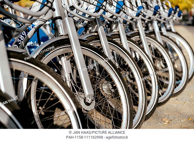 Rental bikes of the providerVisa nextbike, taken on 09/11/2018 in Frankfurt | usage worldwide. - Frankfurt am Main/Hessen/Germany