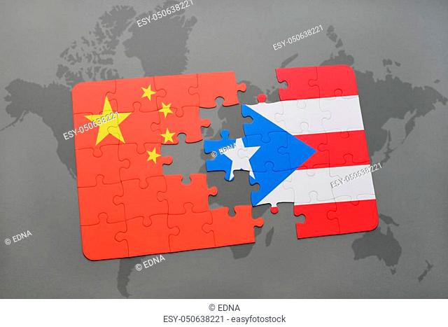 puzzle with the national flag of china and puerto rico on a world map background. 3D illustration