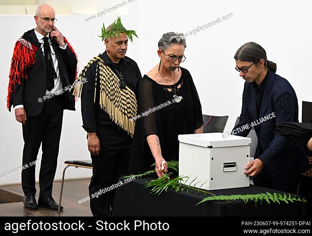 07 June 2023, Hesse, Wiesbaden: In a solemn ceremony, the return of an ancestral skull called ""Toi Moko"" to a delegation from New Zealand is carried out