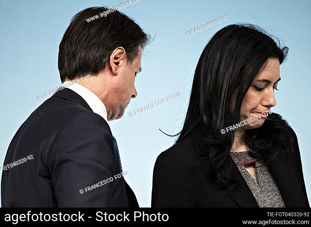 Italian Prime Minister Giuseppe Conte (L) with Italian Education Minister Lucia Azzolina (R) during a press conference about Italy's coronavirus emergency...