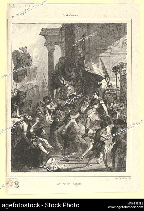 The Justice of Trajan, plate for l'Album des Salons. Artist: Jules-Robert-Pierre-Joseph Challamel (French, 1813-1863 (?)); Artist: Designed by Eugène Delacroix...