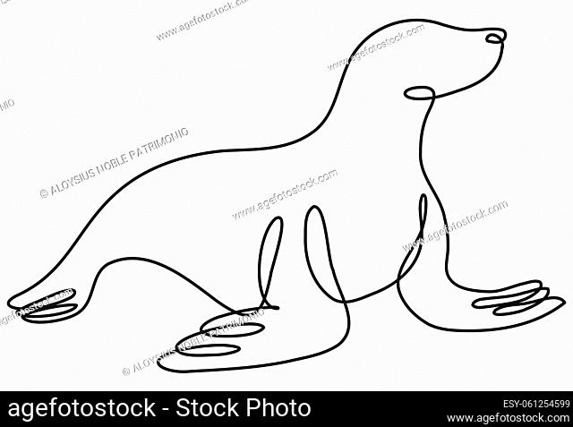 Continuous line drawing illustration of a seal viewed from side done in mono line or doodle style in black and white on isolated background