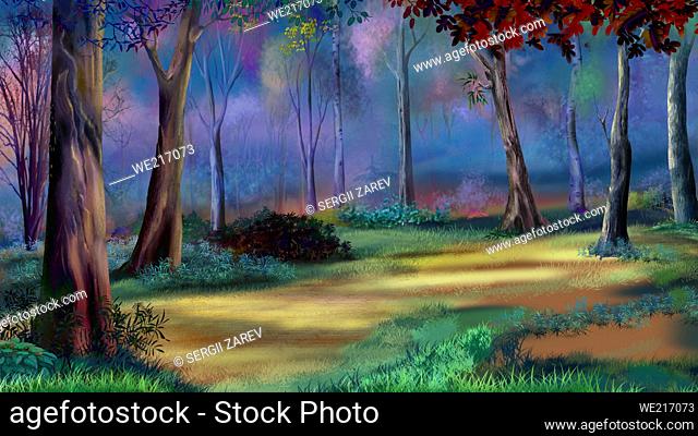Forest glade in the autumn forest. Digital Painting Background, Illustration