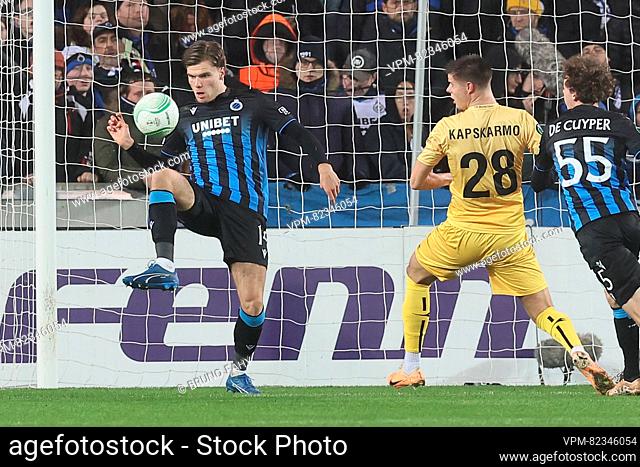 Club's Bjorn Meijer and Glimt 's Oscar Forsmo Kapskarmo fight for the ball during a soccer game between Belgian soccer team Club Brugge KV and Norway's Bodo...