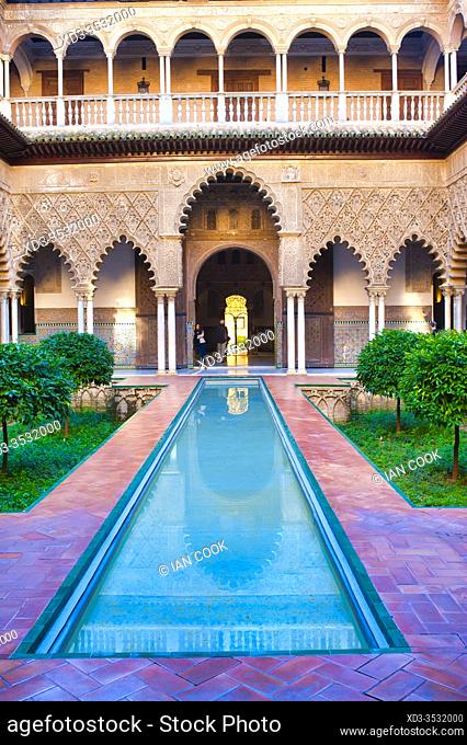 reflecting pool in Real Alcazar, of Seville, Andalusia, Spain