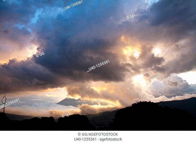 Guatemala, Volcan de Fuego and Acatenango, sunset