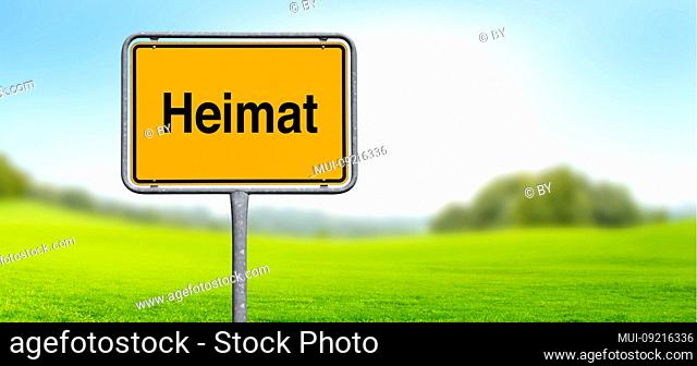 Shield 'Heimat' in front of landscape [M]