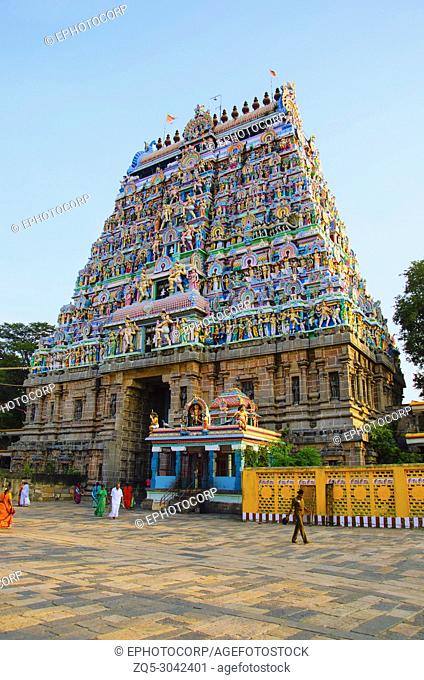 Colorful Gopuram of Nataraja Temple, Chidambaram, Tamil Nadu, India. Hindu temple dedicated to Nataraj. Shiva as the lord of dance