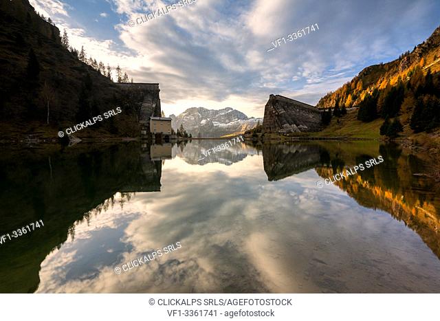 Gleno dam in Orobie alps at dawn, Lombardy district, Bergamo province, Italy, Europe