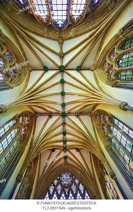 Vaulted ceiling of the chapel of the Bishops Palace of the the medieval Wells Cathedral built in the Early English Gothic style in 1175, Wells Somerset, England
