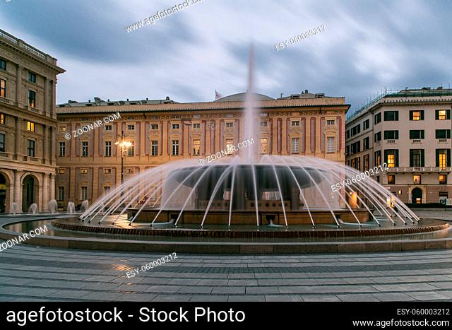GENOA, ITALY - 27 JANUARY, 2020: Piazza De Ferrari, the main square in Genoa is famous for its fountain and water games