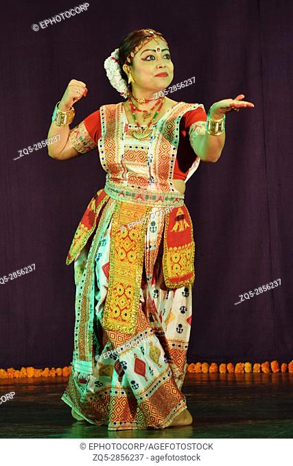Popular Indian classical dance, Sattriya dance performed by girl, Pune, Maharashtra