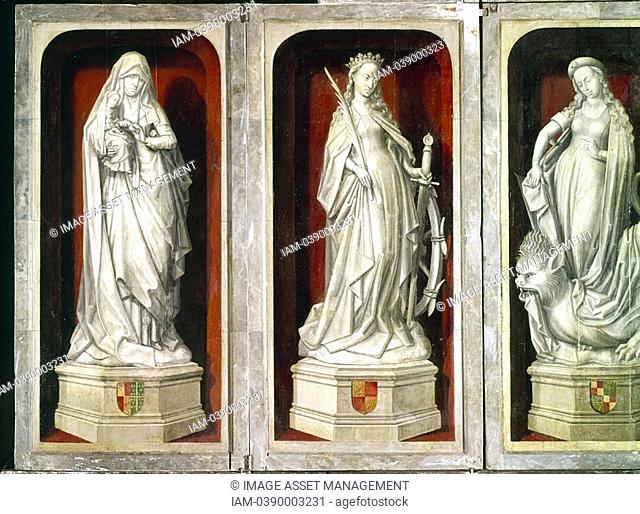 St ANNE holding her daughter Virgin Mary, St CATHERINE of Alexandria d 307 and St MARGARET standing on Devil who visited her in prison  Marble  French school