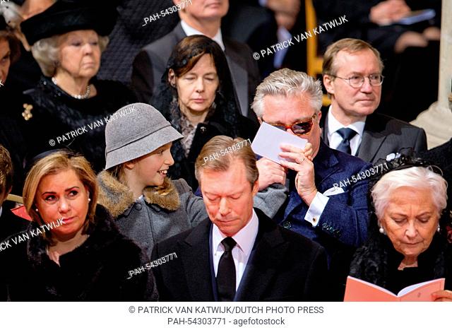 Grand Duchess Maria Teresa of Luxembourg (l-R), Belgian Princess Louise, Grand Duke Henri, Prince Laurent of Belgium and Queen Paola of Belgium attend the...