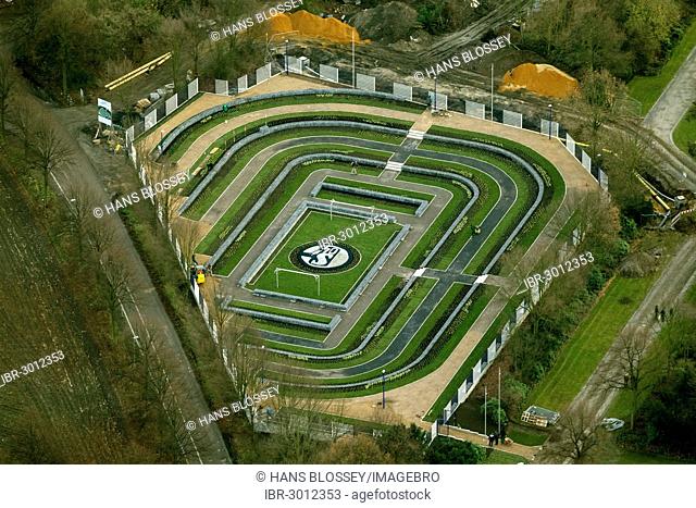 Aerial view, cemetery plot where fans of the traditional football club Schalke 04 can be buried, at Friedhof Beckhausen-Sutum cemetery, Gelsenkirchen, Ruhr area