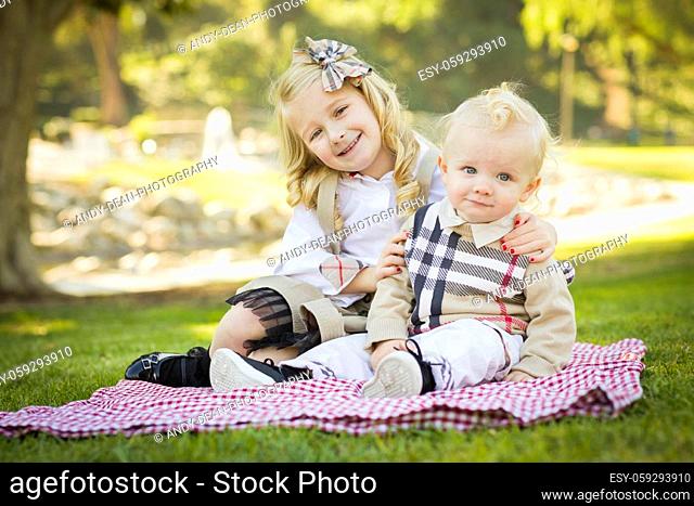 Sweet Little Girl Hugs Her Baby Brother on a Picnic Blanket Outdoors at the Park.