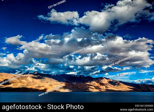 Himalayan nature high altitude lake Tso Moriri (official name Tsomoriri Wetland Conservation Reserve) on sunset with shadows from clouds, Korzok