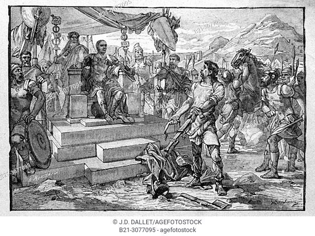 France. Vercingetorix surrenders to Caesar. Vercingetorix ( c. 82 BC - 46 BC) was a king and chieftain of the Arverni tribe; he united the Gauls in a revolt...