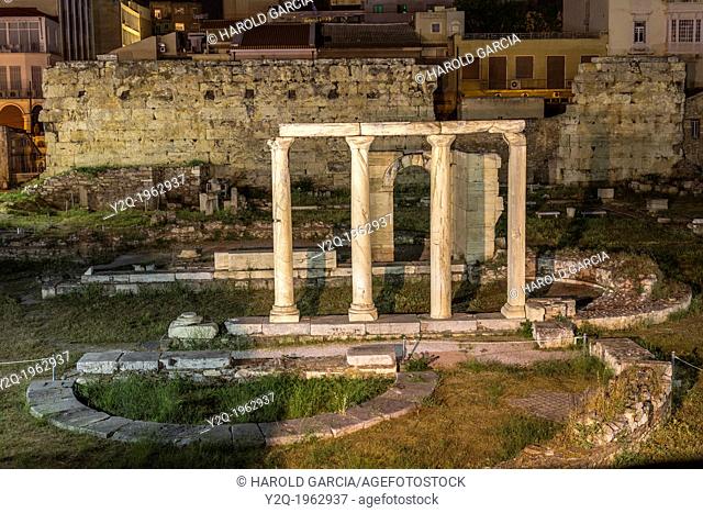 Ancient ruins of the Roman Agora or Forum at night in the centre of Athens, Greece