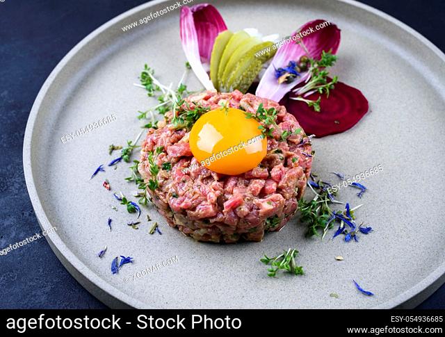 Gourmet tartar raw from beef fillet with yellow of the egg and vegetable as closeup on modern design dish