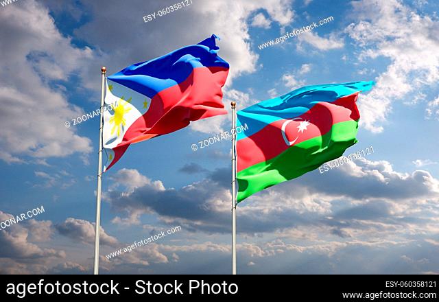 Beautiful national state flags of Philippines and Azerbaijan together at the sky background. 3D artwork concept