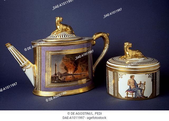 Teapot decorated with Vesuvius erupting at night and sugar bowl decorated with classic images, possibly Apollo Citaredo, Giuoco souvenir from the Kingdom of Two...