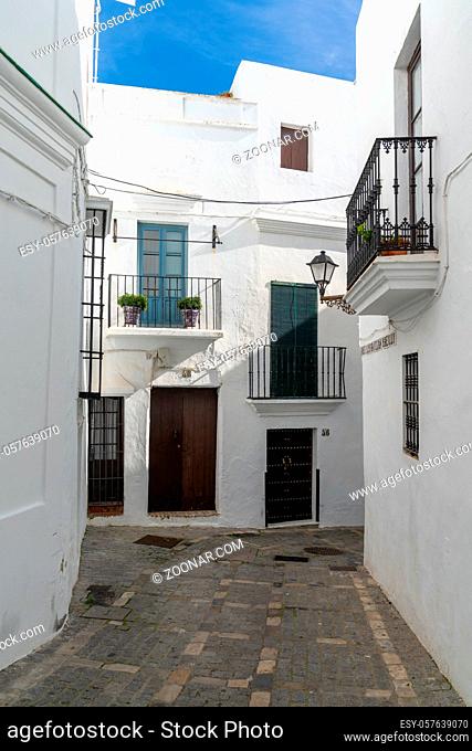 Vejer de la Frontera, Spain - 17 January, 2021: narrow street in the historic old center of Vejer de la Frontera