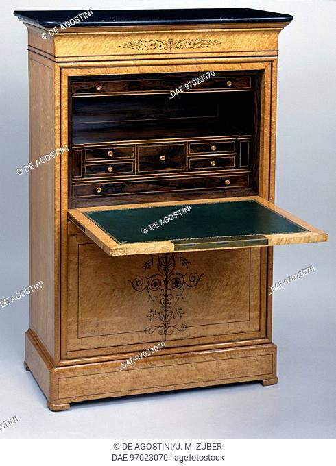 Restoration style (Charles X) speckled maple secretary with amaranth inlays and black marble top, open with rosewood interior. France, 19th century