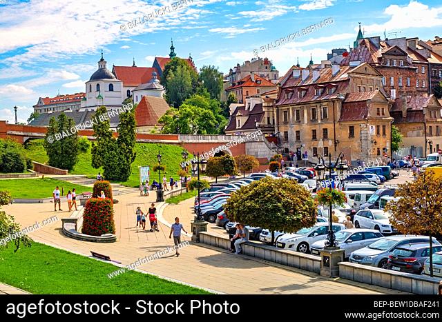Lublin, Lubelskie / Poland - 2019/08/18: Panoramic view of city center with St. Stanislav Basilica and Trinitarian Tower in historic old town quarter
