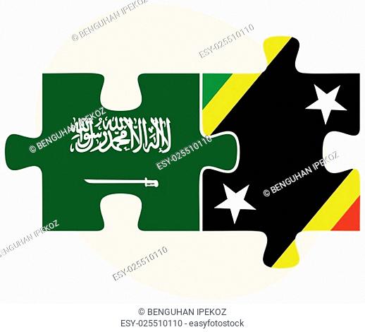 Saudi Arabia and Saint Kitts and Nevis Flags in puzzle isolated on white background