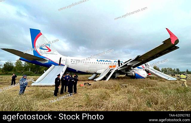 RUSSIA, NOVOSIBIRSK REGION - SEPTEMBER 12, 2023: A view of an Ural Airlines aircraft that crash landed near the village of Ubinskoye
