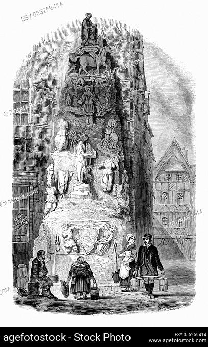 Fountain of Lisieux hotel in Rouen, vintage engraved illustration. Magasin Pittoresque 1845